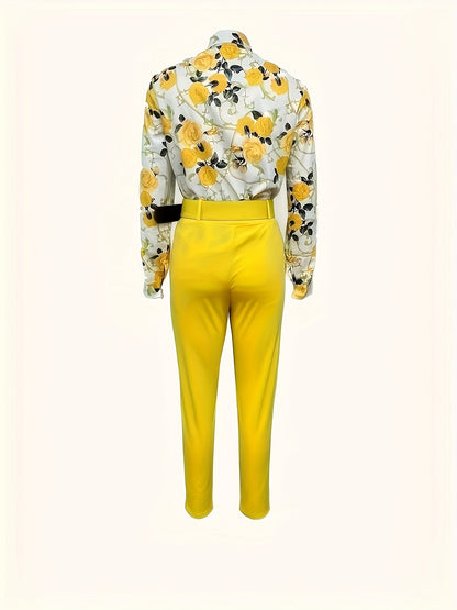 Floral printed long-sleeve shirt and high-waist pants set for women