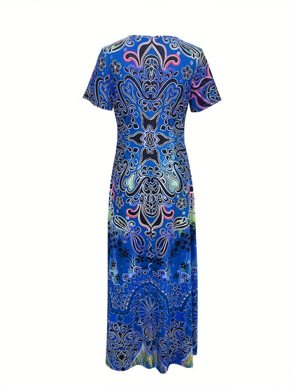 Women's Maxi Dress - V-Neck - Short Sleeve - Bohemian Print - Relaxed Fit