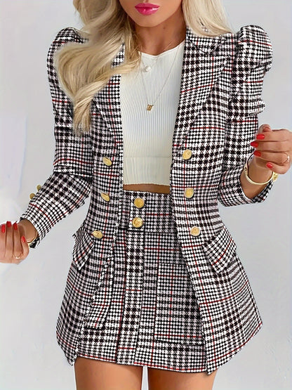 Two-piece plaid blazer and mini skirt set with gold buttons for women