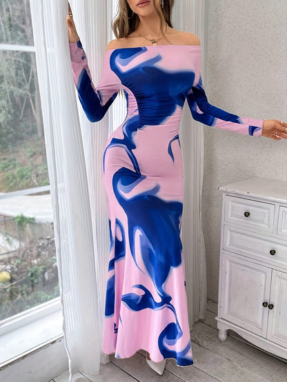 Off-shoulder abstract print ruched maxi dress for women