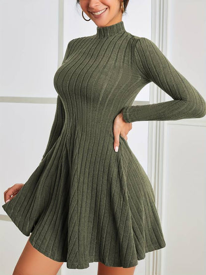 Women's Ribbed Knit Dress - Fit-and-Flare - Long Sleeve Mock Neck Elegant Style