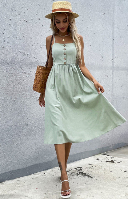 Women's A-Line Midi Dress - Sleeveless Spaghetti Strap - Button-Down Flared Fit