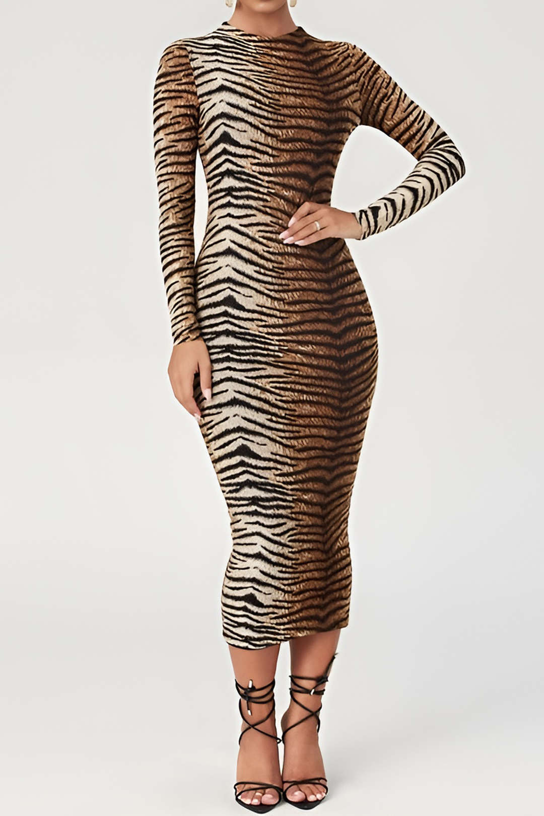 Women's Midi Bodycon Dress - Leopard Print - Long Sleeve High Neck Stretch Fit