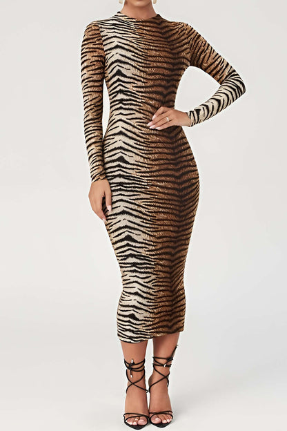 Women's Midi Bodycon Dress - Leopard Print - Long Sleeve High Neck Stretch Fit