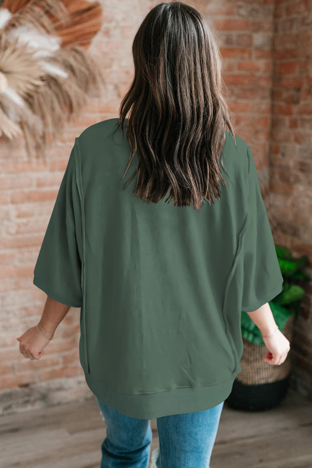 Women's Oversized Top - Loose Fit - Round Neck - Elbow Sleeve Casual Wear