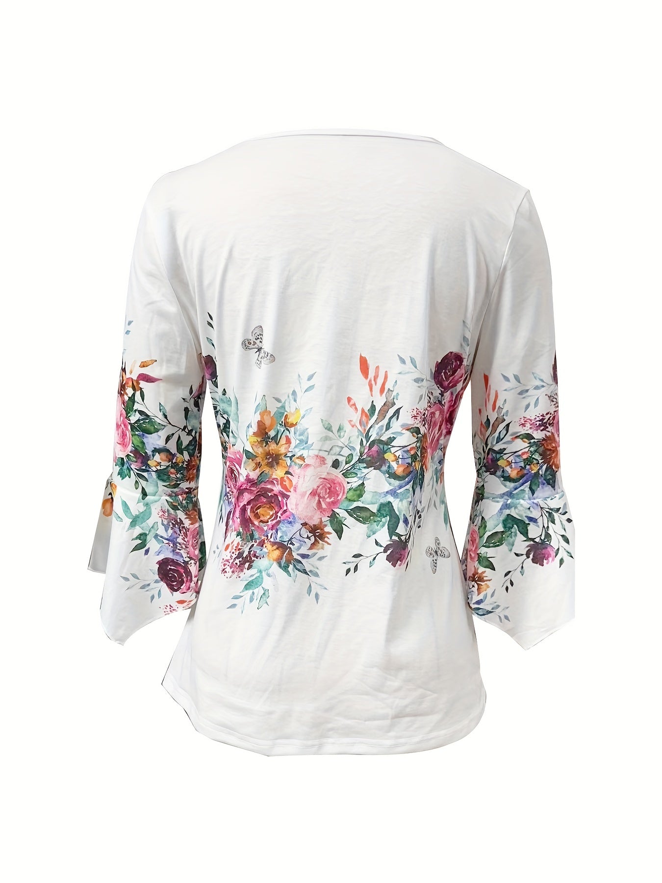 Women's V-Neck Blouse - Scalloped Trim - A-Line Fit - Button Down - 3/4 Sleeve