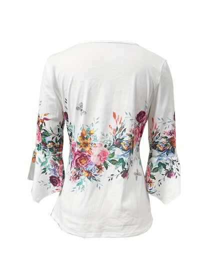 Women's V-Neck Blouse - Scalloped Trim - A-Line Fit - Button Down - 3/4 Sleeve