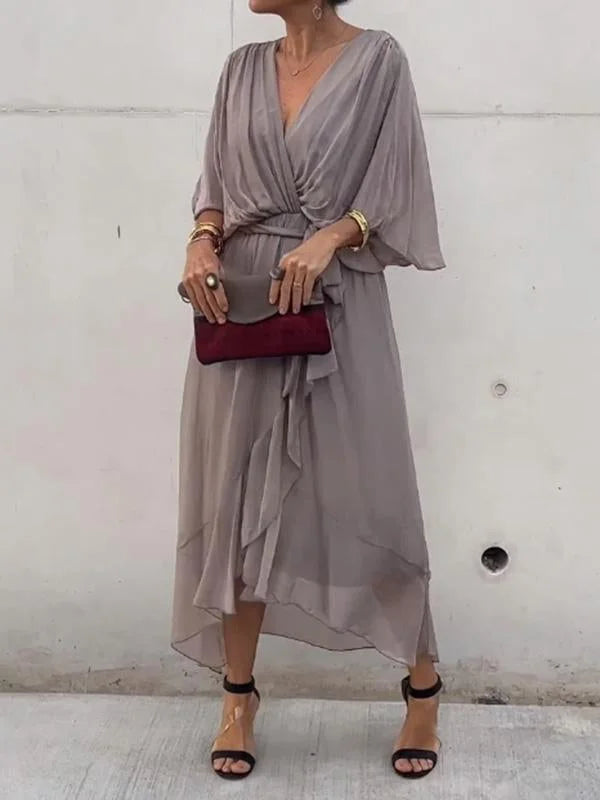 Women's Maxi Dress - Flowing Relaxed Fit - Kimono Sleeves - Adjustable Waist Tie
