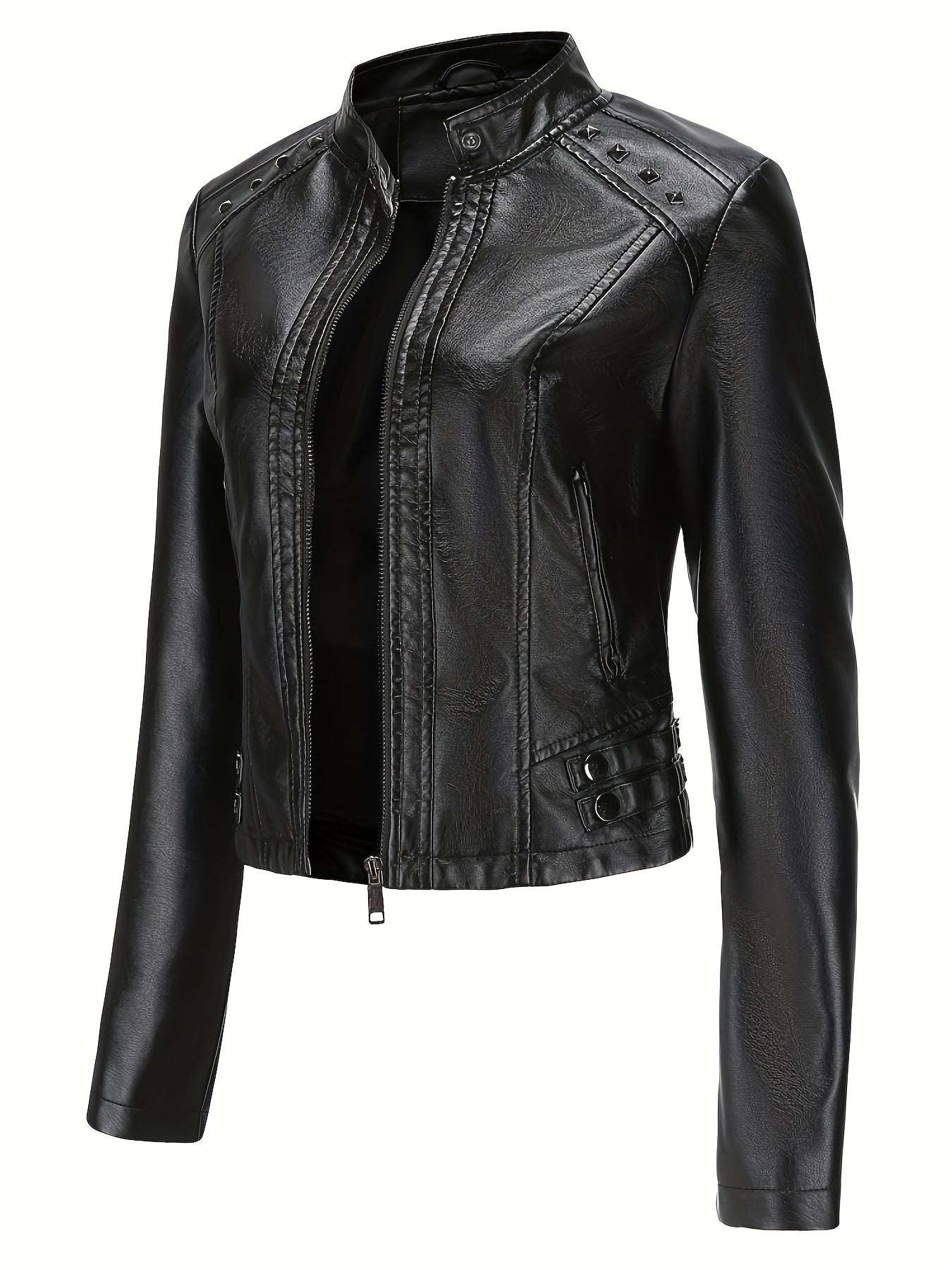 Studded moto jacket with zip closure and stand collar for women
