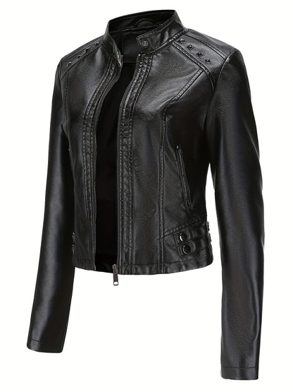 Studded moto jacket with zip closure and stand collar for women