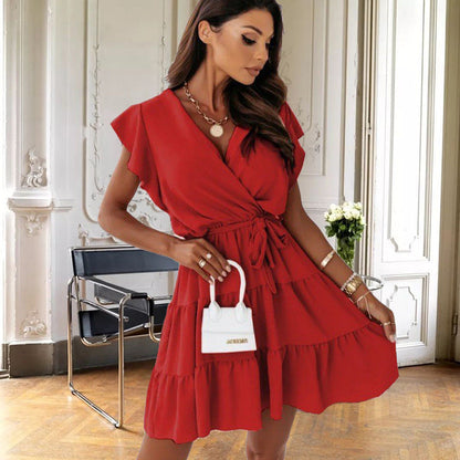 Women's Wrap Dress - V-Neck A-Line - Short Flutter Sleeve - Tiered Skirt