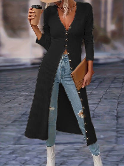 Women's Long Cardigan - Ribbed Knit - Button-Front V-Neck - Tailored Fit