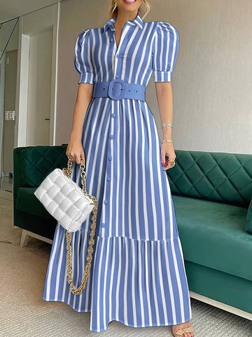 Walda - Elegant Striped Long Dress with Button placket