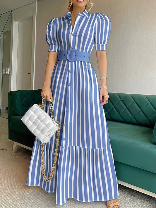 Striped Puff Sleeve Belted Shirt Dress