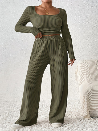 Two-piece ribbed crop top and wide-leg pants lounge set for women