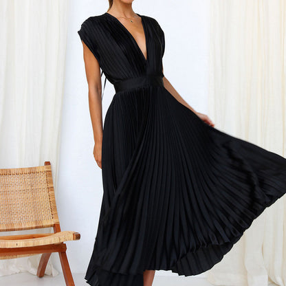 Women’s Midi Dress – A-Line Fit – V-Neck Sleeveless – Pleated Luxury Fabric – Open Back