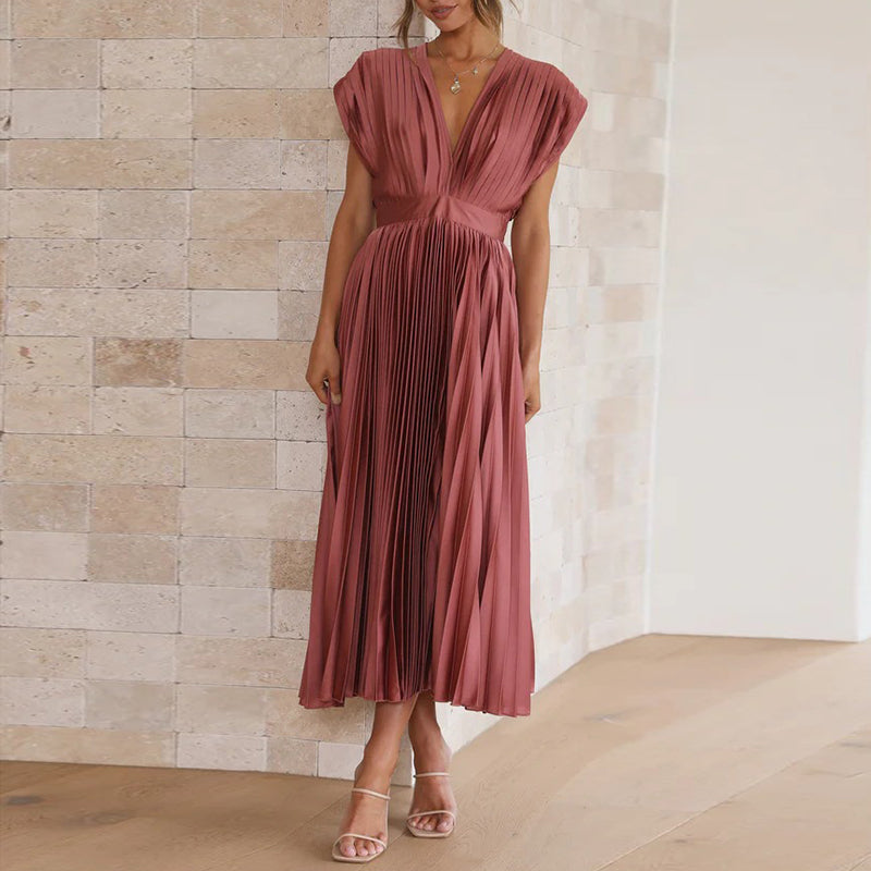 Pleated A-Line V-Neck Midi Dress