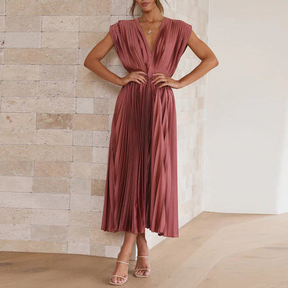 Women’s Midi Dress – A-Line Fit – V-Neck Sleeveless – Pleated Luxury Fabric – Open Back