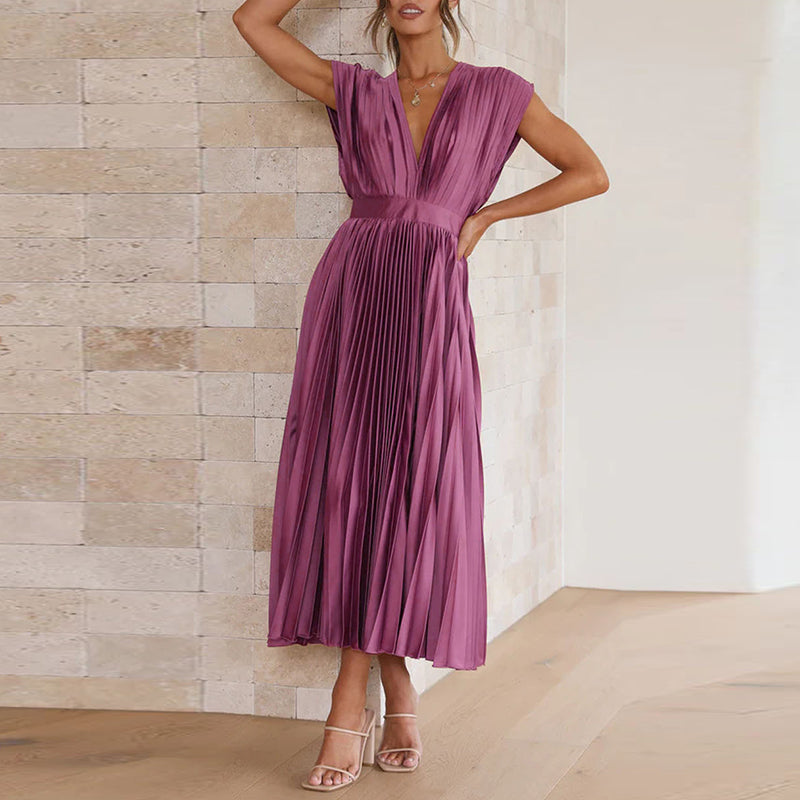 Women’s Midi Dress – A-Line Fit – V-Neck Sleeveless – Pleated Luxury Fabric – Open Back