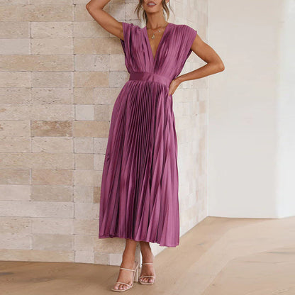 Women’s Midi Dress – A-Line Fit – V-Neck Sleeveless – Pleated Luxury Fabric – Open Back