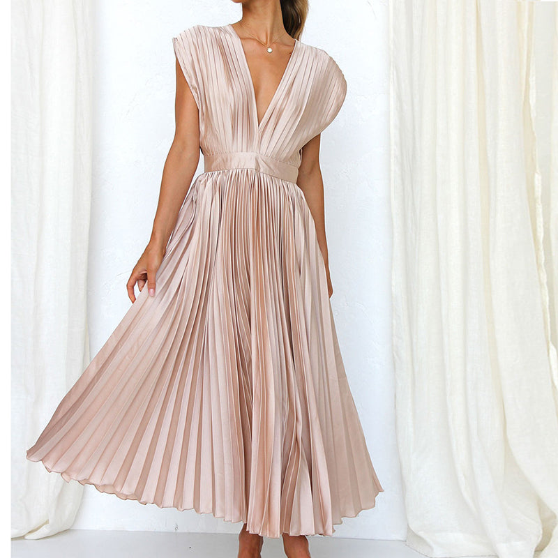 Women’s Midi Dress – A-Line Fit – V-Neck Sleeveless – Pleated Luxury Fabric – Open Back