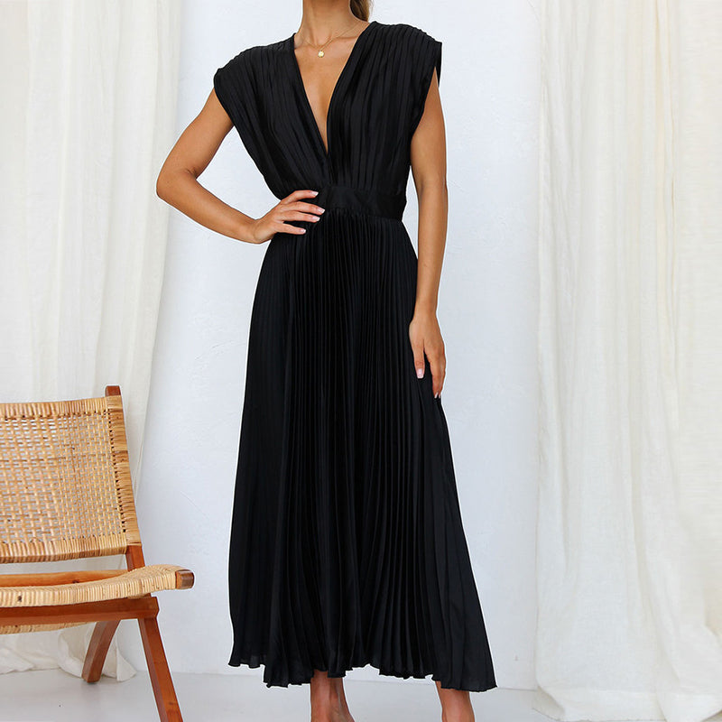 Pleated A-Line V-Neck Midi Dress