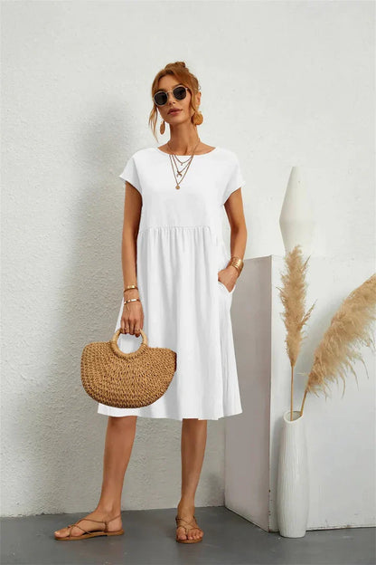 Women's Casual Dress - Knee Length - Relaxed Fit - Short Sleeve Lightweight Fabric