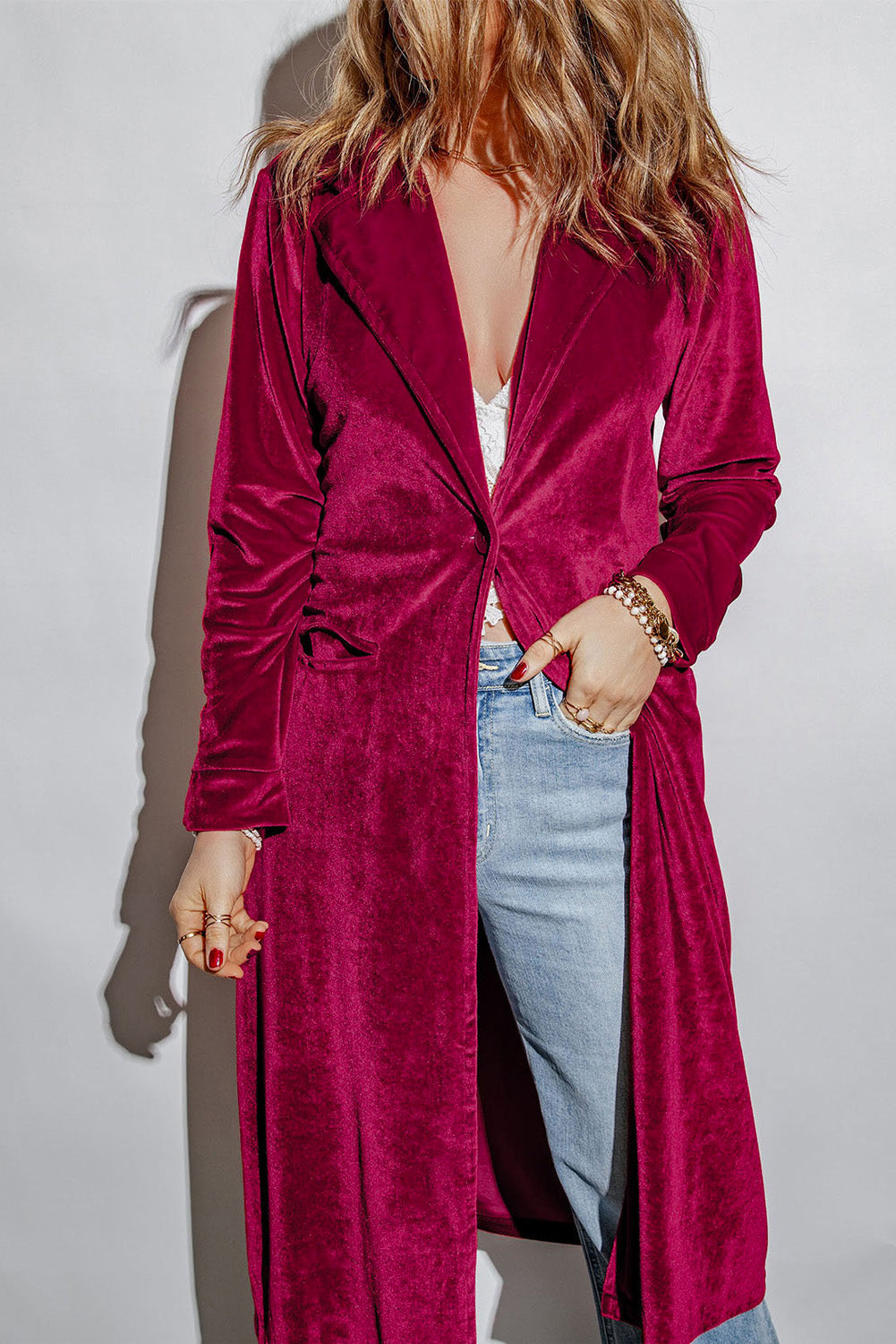 Women's longline velvet cardigan with pockets