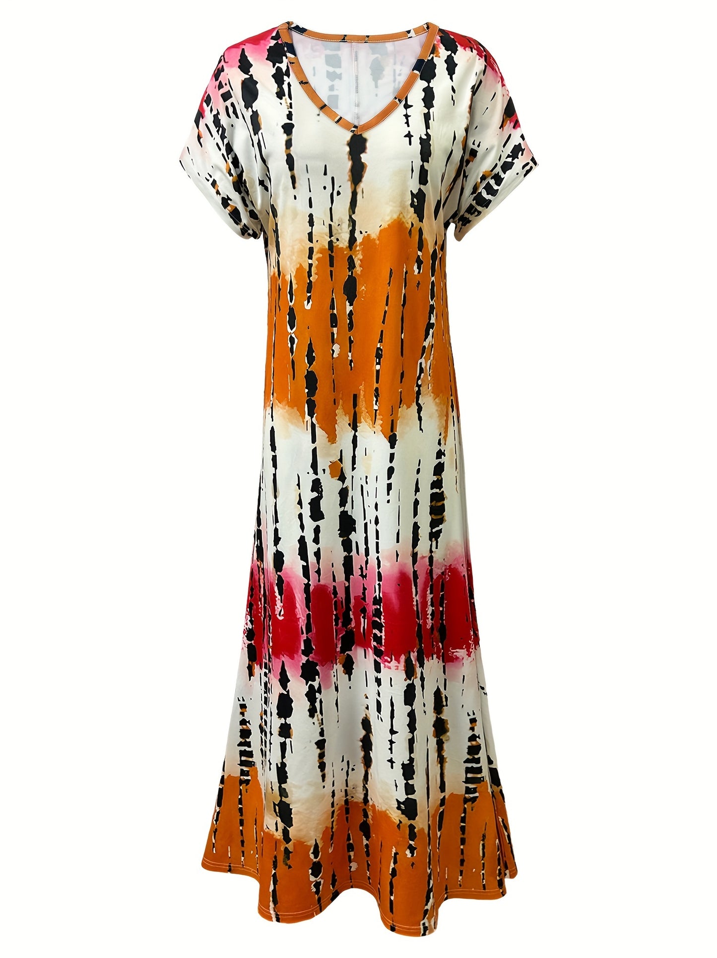 Women's Maxi Dress - Tie-Dye Print - V-Neck - Short Sleeve - Flowy with Side Slits