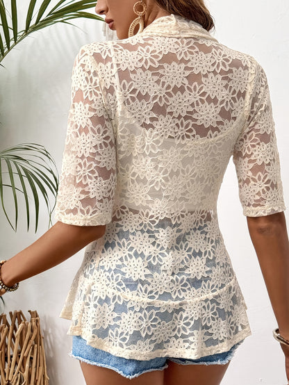 Short-sleeved floral lace hollow design cardigan for women