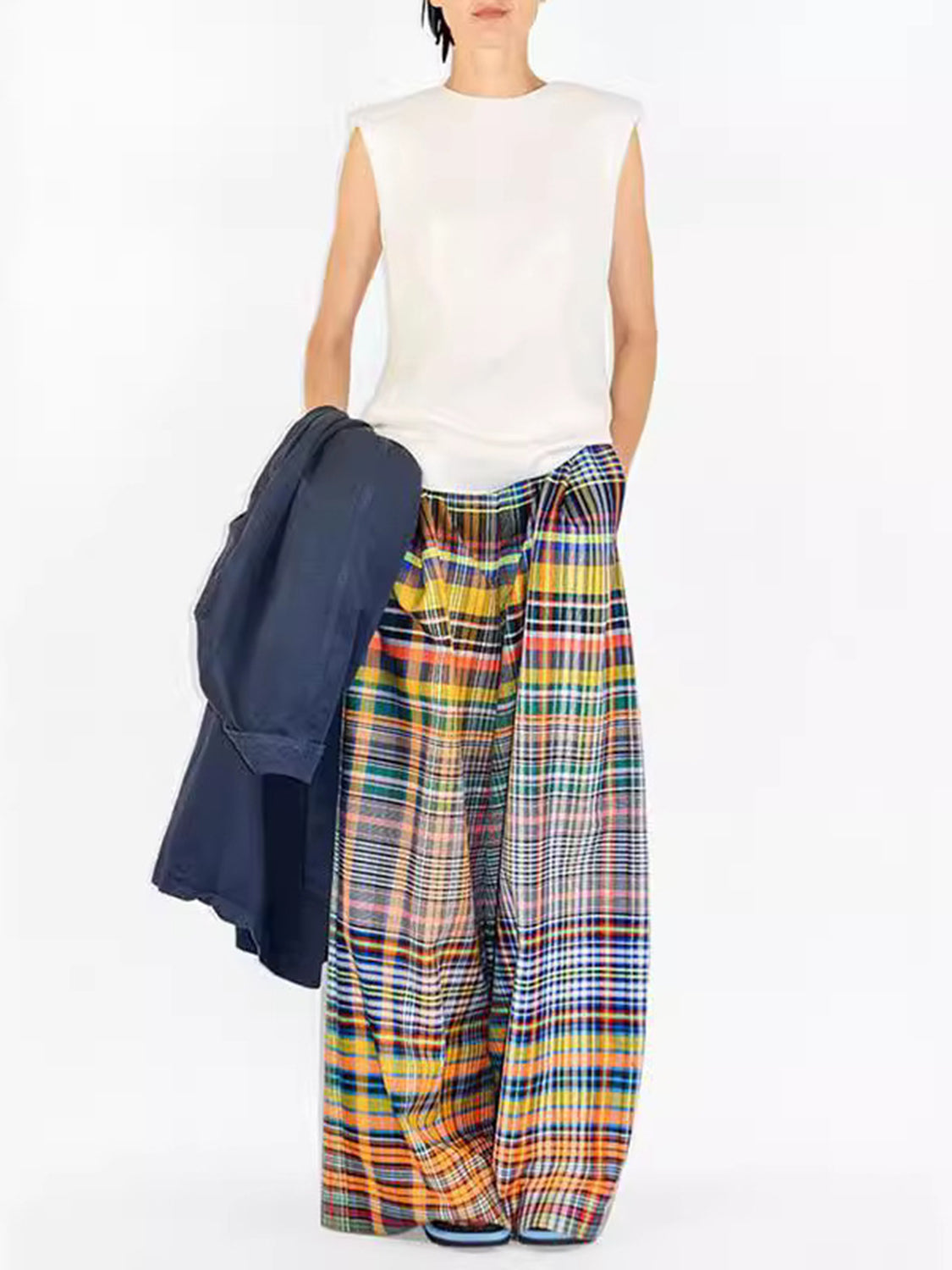 Women's full-length plaid wide leg pants