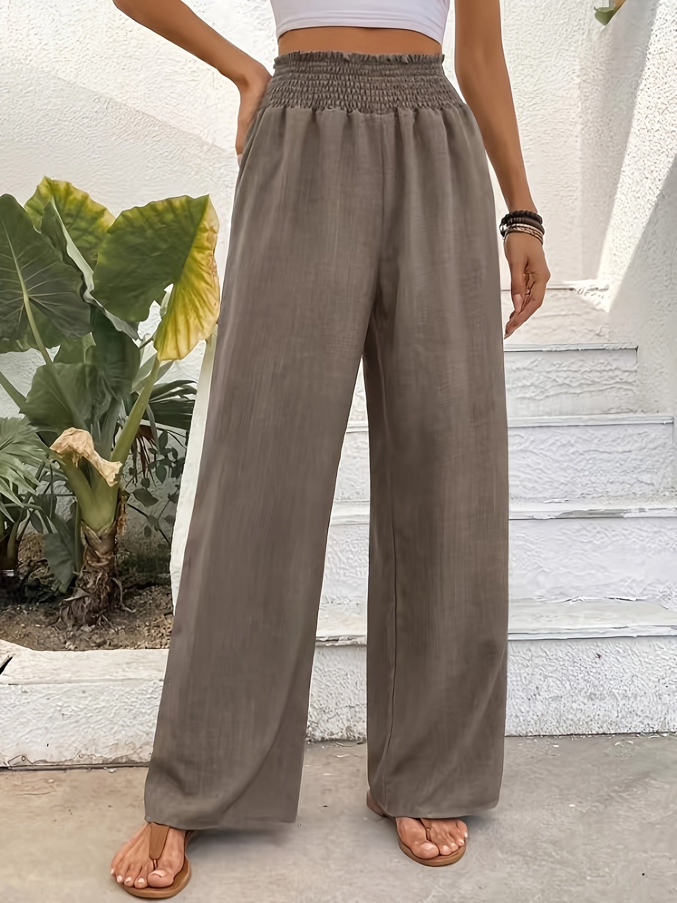 High-waisted elastic wide-leg flowy pants for women