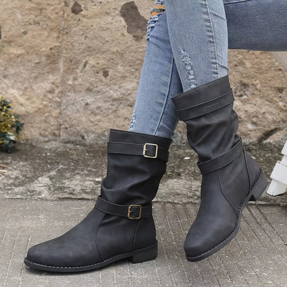 Women's retro charm slouchy buckle strap western ankle boots