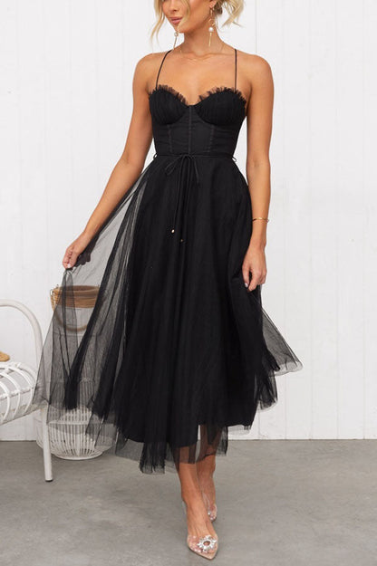 Women's Tulle Maxi Dress - Spaghetti Straps - Fitted Bodice - Layered Flowing Skirt