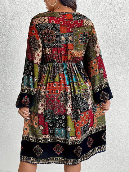 Women's Boho Midi Dress - V-Neck Patchwork Print - Long Sleeve Flowy Fit