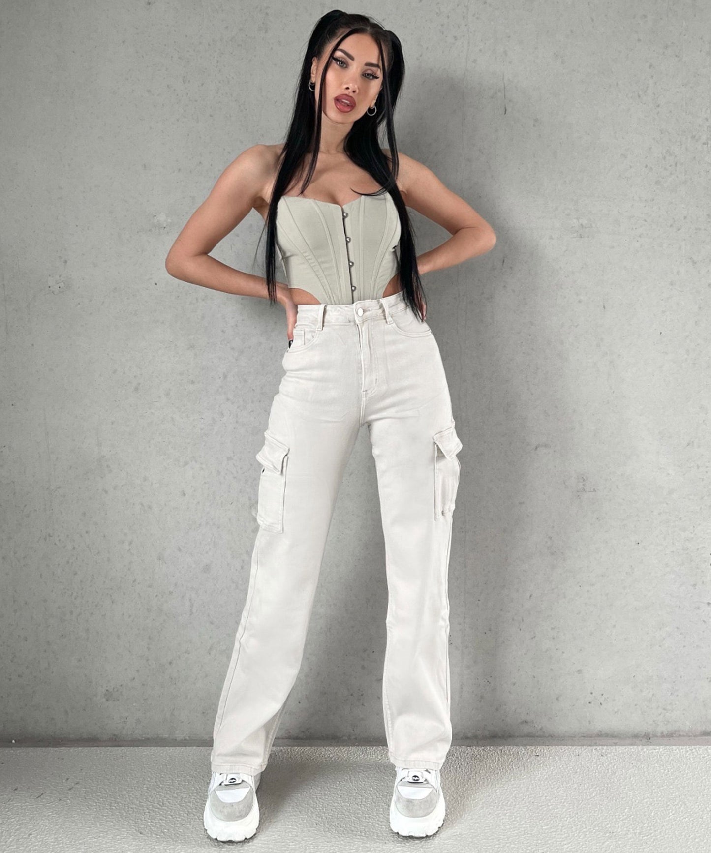 Women's cream washed denim overalls straight pants