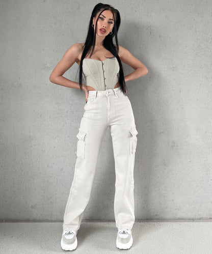 Women's cream washed denim overalls straight pants