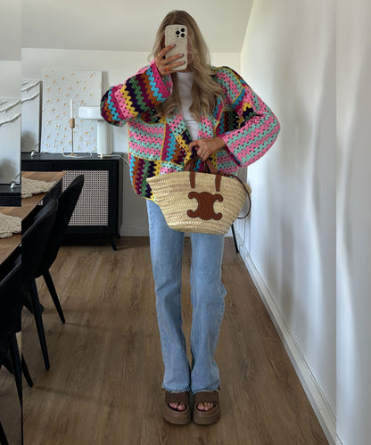 Women's colored stitching top loose knitted cardigan