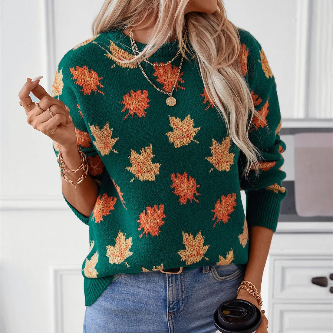 Women's autumn leaves print round neck sweater