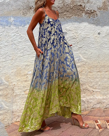 Women's Maxi Dress - Flowy Loose Fit - Spaghetti Straps - Elegant Floral Print