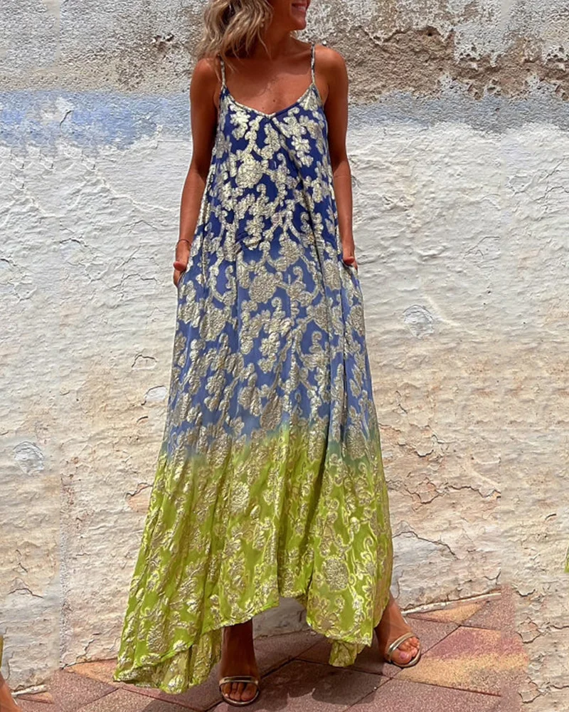 Women's Maxi Dress - Flowy Loose Fit - Spaghetti Straps - Elegant Floral Print