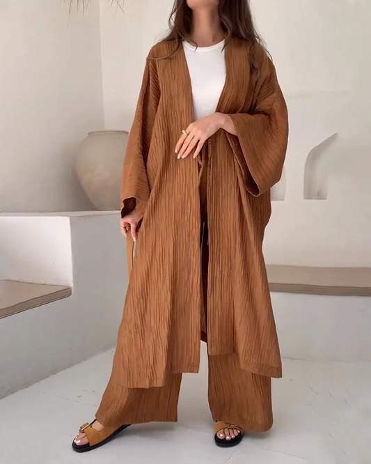 Pleated Textured Autumn Top and Pants Set