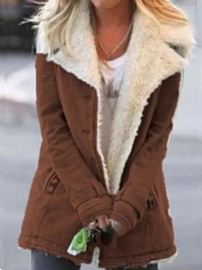 Warm long coat for women with lapel and button closure
