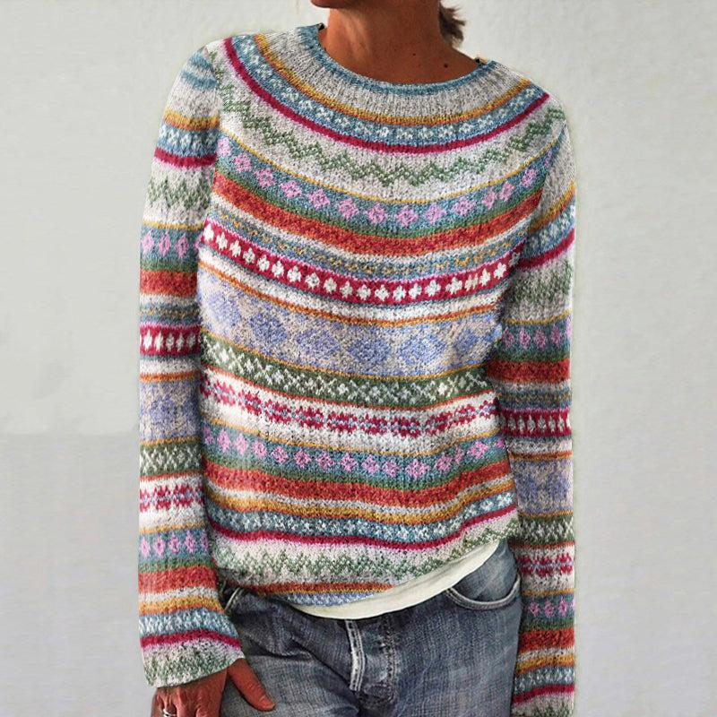 Women's loose knit color-block round neck sweater