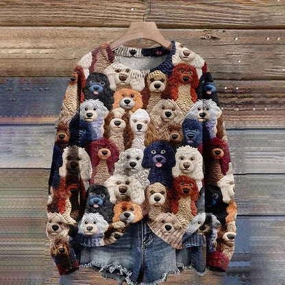 Unisex Sweater - Knit Fabric - Crew Neck - Relaxed Fit - Cartoon Dog Print Casual Style