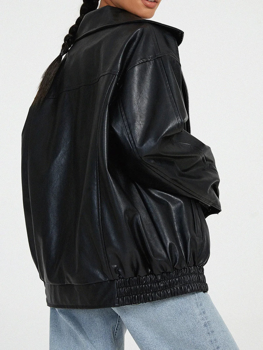Women’s Bomber Jacket – Oversized Fit – Faux Leather Look – Zip Front – Ribbed Hem