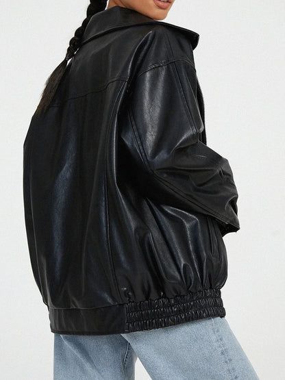 Women’s Bomber Jacket – Oversized Fit – Faux Leather Look – Zip Front – Ribbed Hem