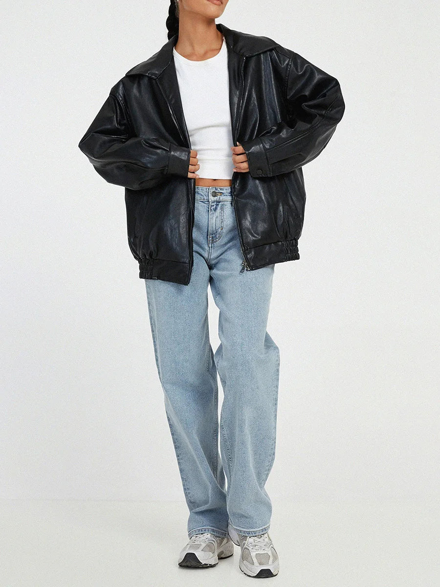 Women’s Bomber Jacket – Oversized Fit – Faux Leather Look – Zip Front – Ribbed Hem