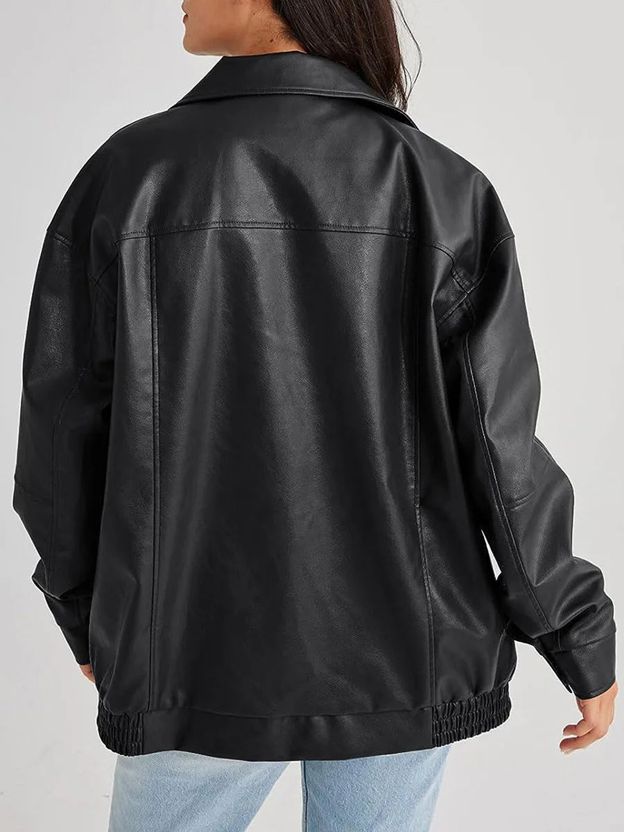 Women’s Bomber Jacket – Oversized Fit – Faux Leather Look – Zip Front – Ribbed Hem