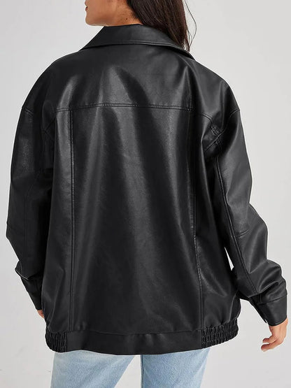 Women’s Bomber Jacket – Oversized Fit – Faux Leather Look – Zip Front – Ribbed Hem